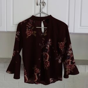 Versona Bell Sleeve Maroon Floral Mock Neck Top